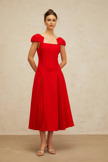 Bristol Midi Dress Red Pleated Flare