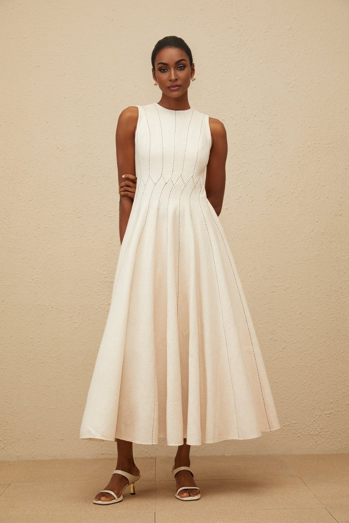 Bristol Midi Dress - Sleeveless - Fitted Waistline - Textured Finish - Shirred Effect - Rear Button Fastening