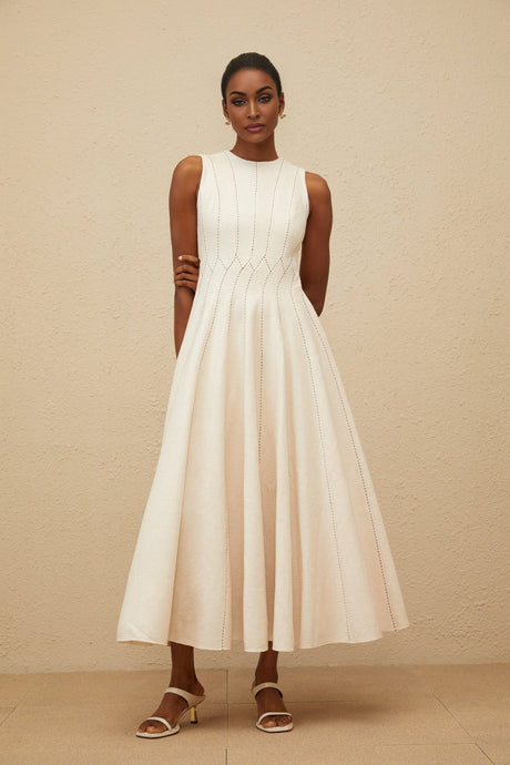 Bristol Midi Dress - Sleeveless - Fitted Waistline - Textured Finish - Shirred Effect - Rear Button Fastening