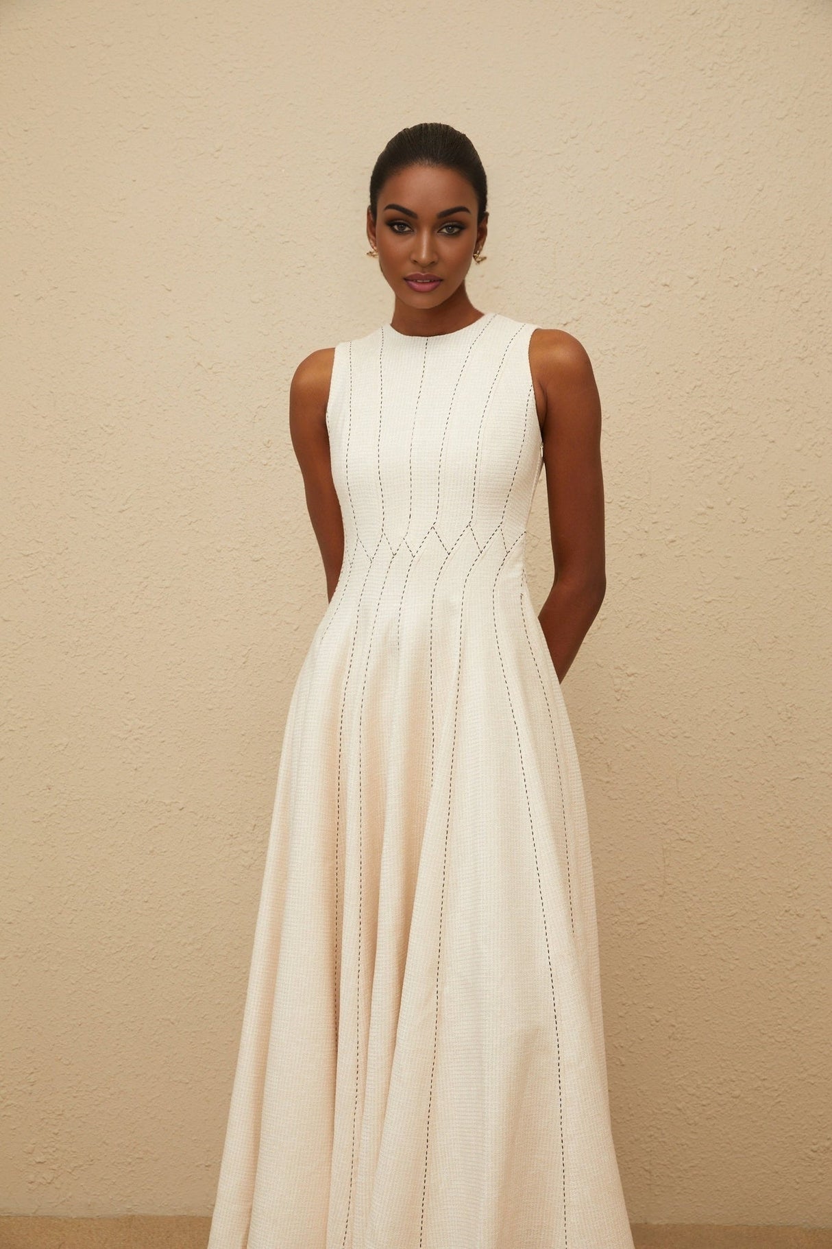 Bristol Midi Dress - Sleeveless - Fitted Waistline - Textured Finish - Shirred Effect - Rear Button Fastening