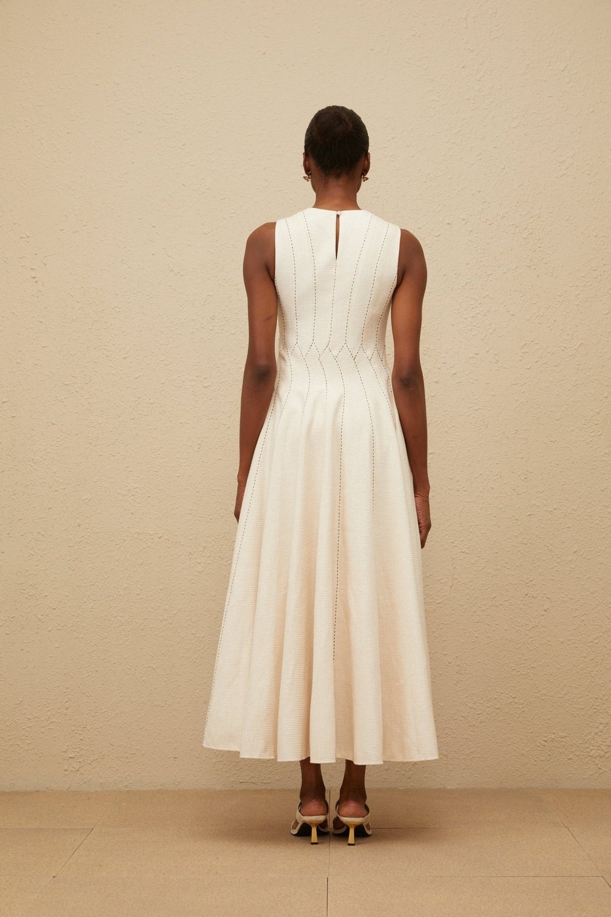 Bristol Midi Dress - Sleeveless - Fitted Waistline - Textured Finish - Shirred Effect - Rear Button Fastening