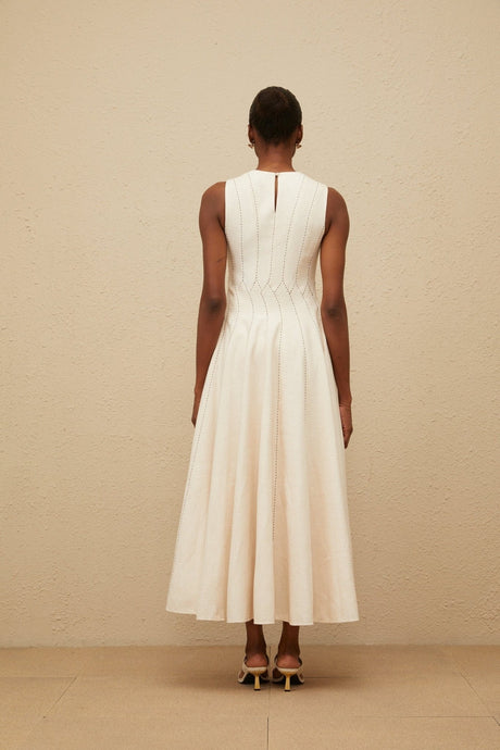 Bristol Midi Dress - Sleeveless - Fitted Waistline - Textured Finish - Shirred Effect - Rear Button Fastening