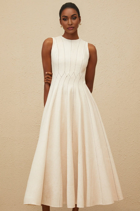 Bristol Midi Dress - Sleeveless - Fitted Waistline - Textured Finish - Shirred Effect - Rear Button Fastening