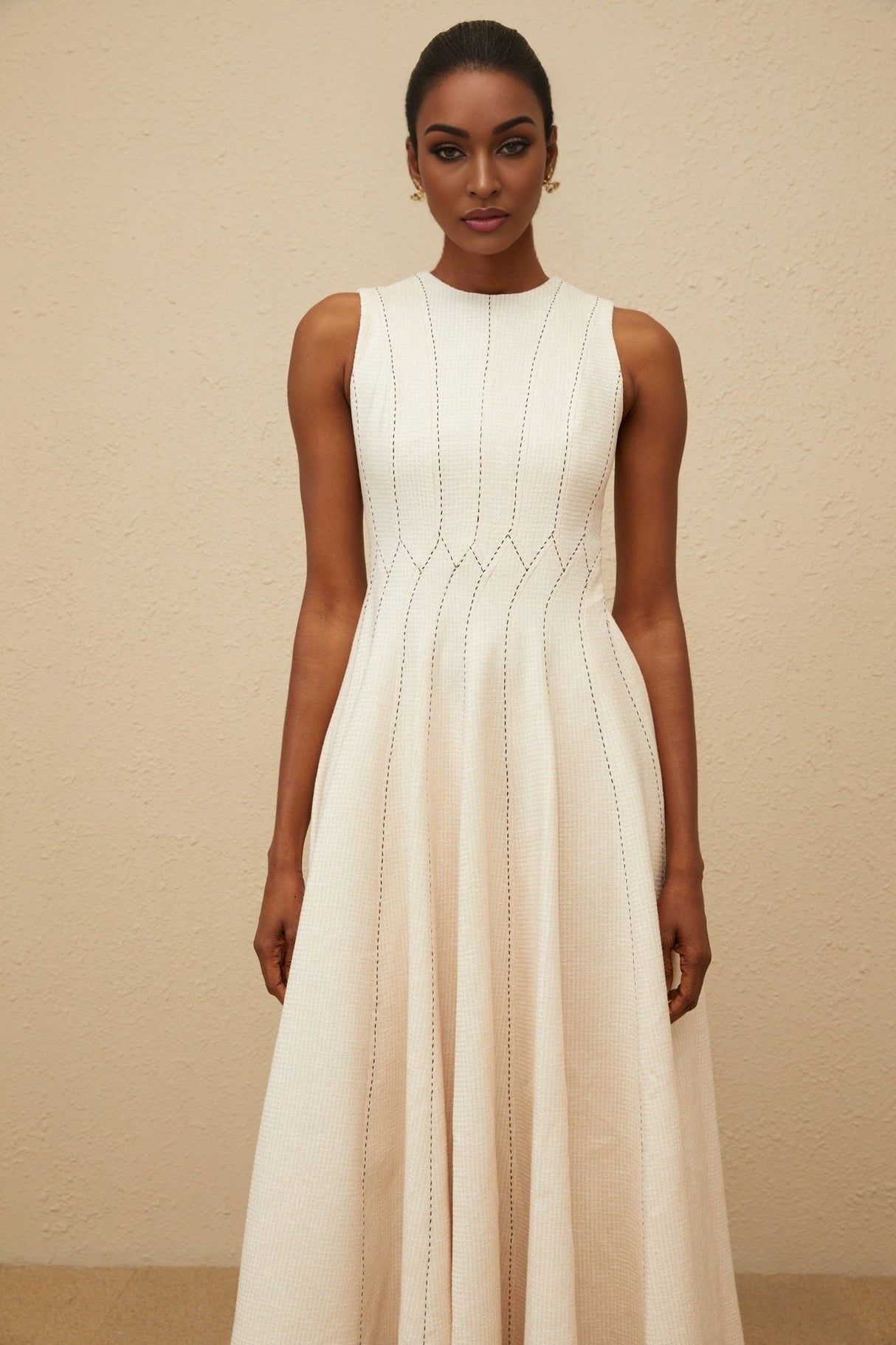 Bristol Midi Dress - Sleeveless - Fitted Waistline - Textured Finish - Shirred Effect - Rear Button Fastening