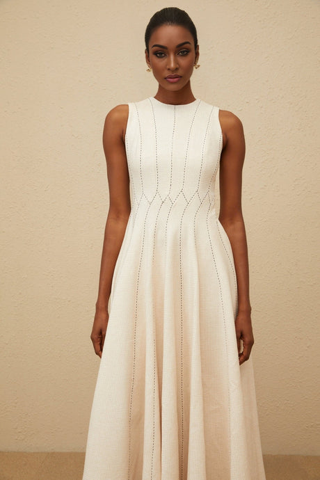 Bristol Midi Dress - Sleeveless - Fitted Waistline - Textured Finish - Shirred Effect - Rear Button Fastening