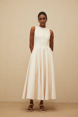 Bristol Midi Dress - Sleeveless - Fitted Waistline - Textured Finish - Shirred Effect - Rear Button Fastening