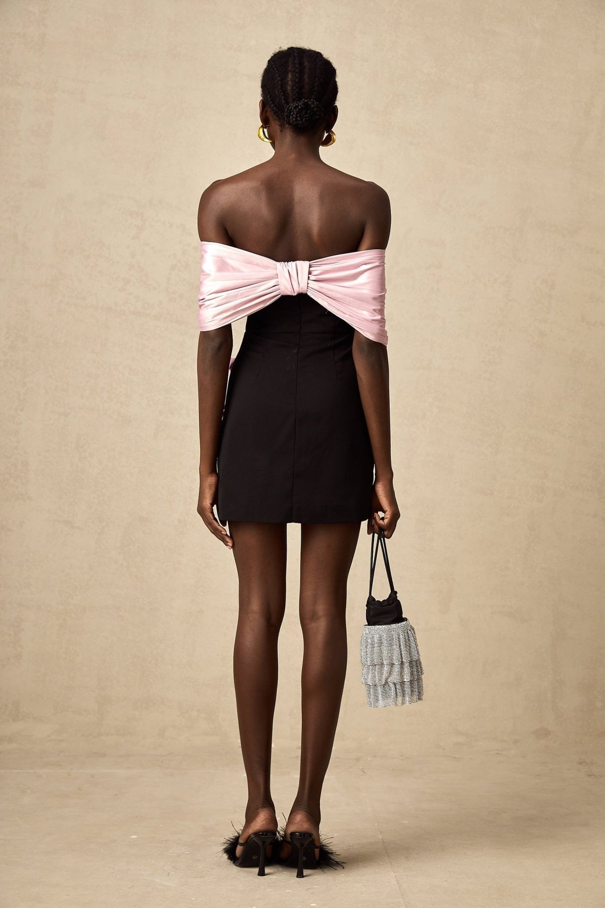 Bristol Mini Dress - Color - Blocked Design - Off - Shoulder Style - Ruffles & Bow Embellishment - Crystal Accents