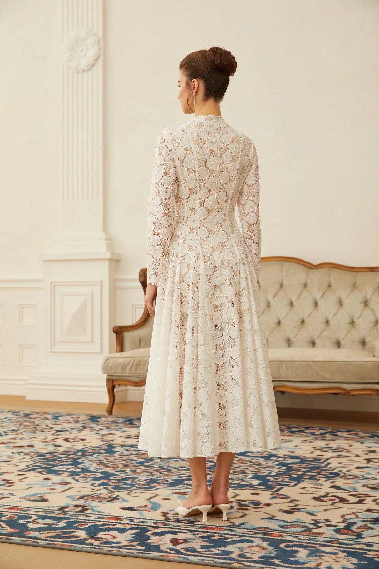 Bronte White Pleated Floral Lace Midi Dress