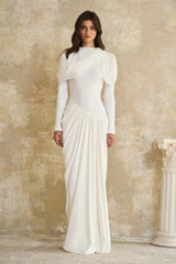 Bronwyn White Draped Pleated Asymmetrical Maxi Dress