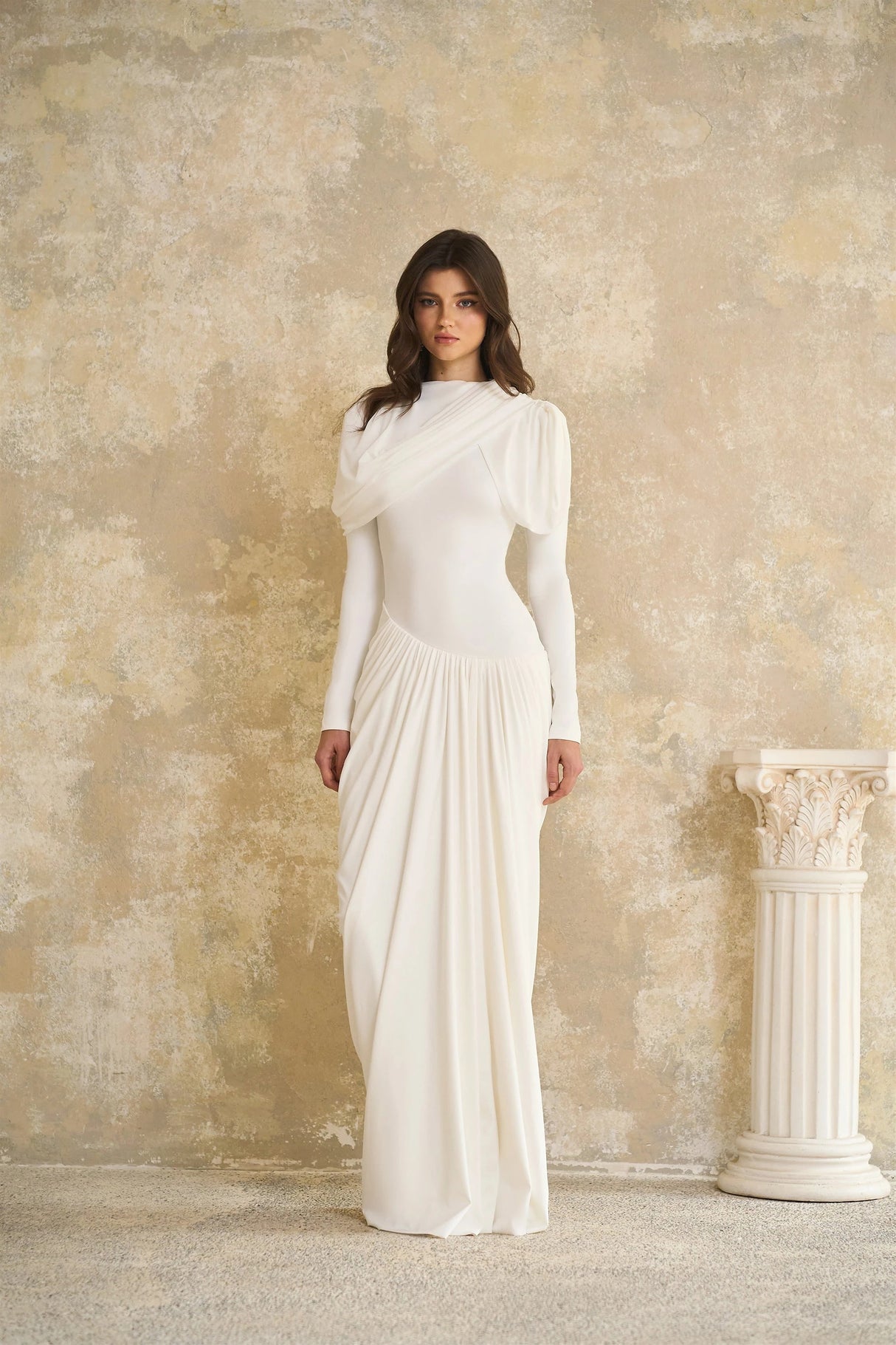 Bronwyn White Draped Pleated Asymmetrical Maxi Dress