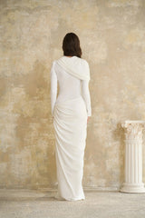 Bronwyn White Draped Pleated Asymmetrical Maxi Dress