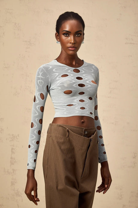 Brooklyn Cropped Top Blue Cut - out Stretchy Long Sleeve