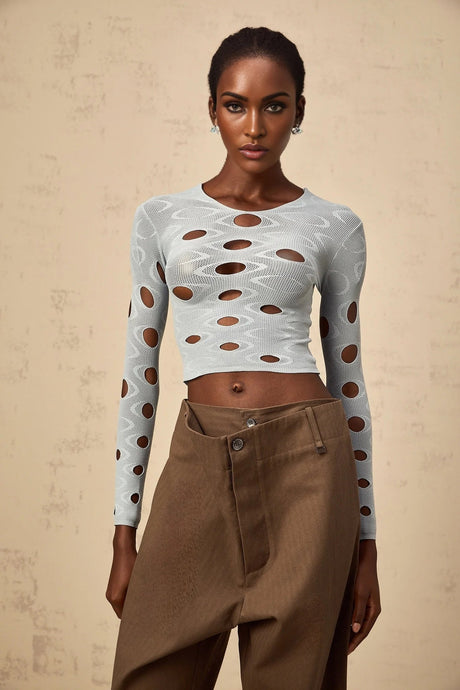 Brooklyn Cropped Top Blue Cut - out Stretchy Long Sleeve