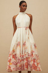 Brooklyn Midi Dress - Sleeveless - Mock Neck - Tied Waist - Floral Print - Shirred Effect