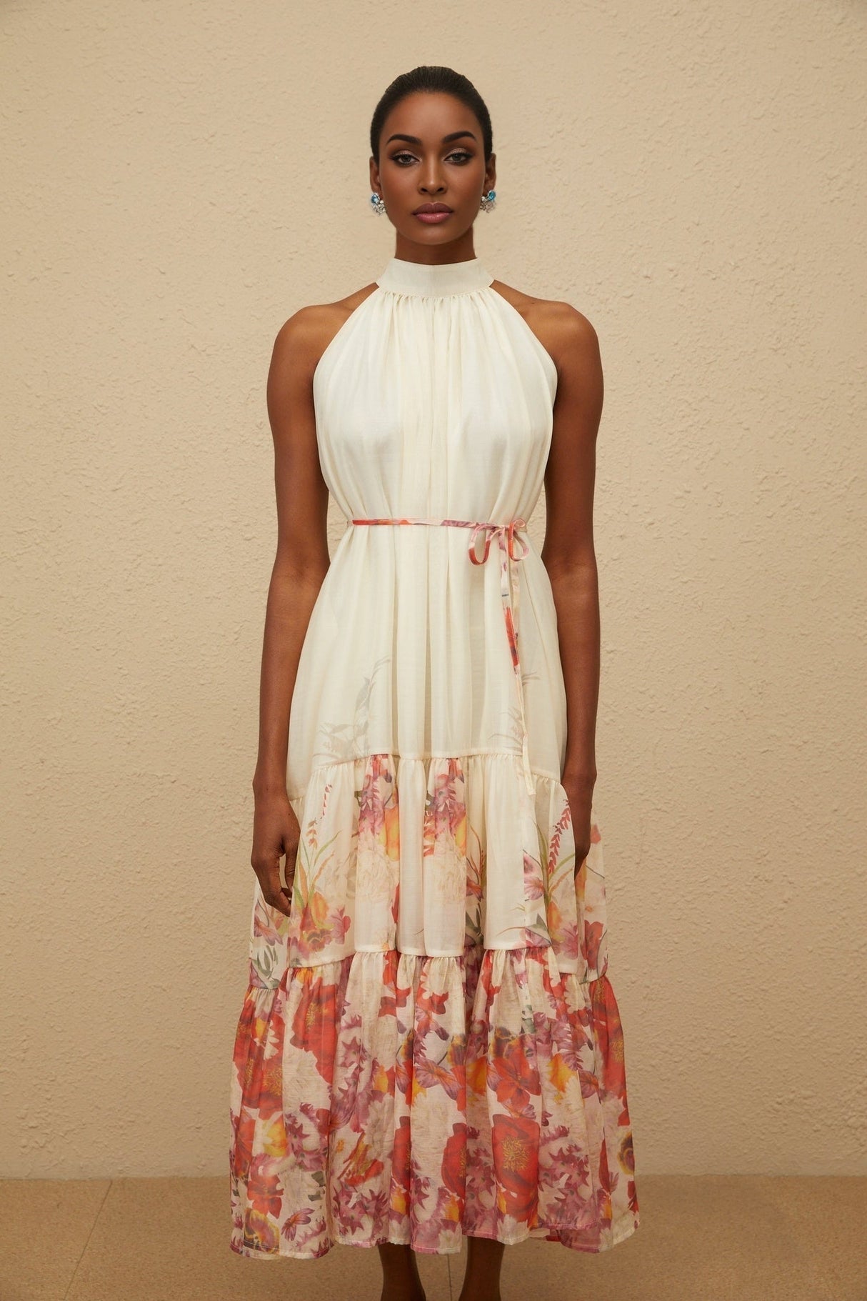 Brooklyn Midi Dress - Sleeveless - Mock Neck - Tied Waist - Floral Print - Shirred Effect
