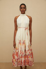 Brooklyn Midi Dress - Sleeveless - Mock Neck - Tied Waist - Floral Print - Shirred Effect