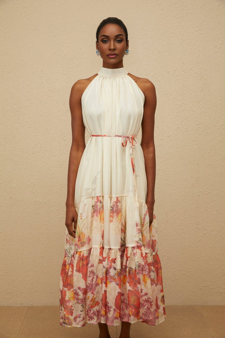 Brooklyn Midi Dress - Sleeveless - Mock Neck - Tied Waist - Floral Print - Shirred Effect