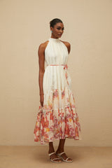 Brooklyn Midi Dress - Sleeveless - Mock Neck - Tied Waist - Floral Print - Shirred Effect
