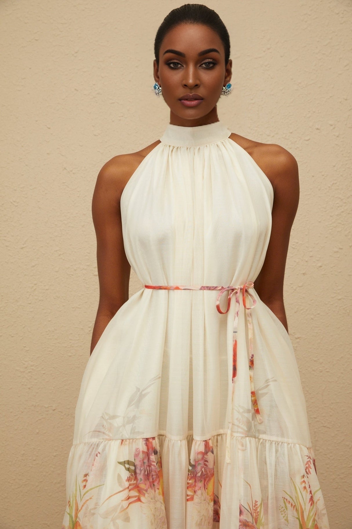 Brooklyn Midi Dress - Sleeveless - Mock Neck - Tied Waist - Floral Print - Shirred Effect