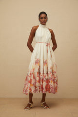 Brooklyn Midi Dress - Sleeveless - Mock Neck - Tied Waist - Floral Print - Shirred Effect
