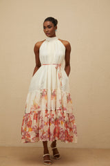 Brooklyn Midi Dress - Sleeveless - Mock Neck - Tied Waist - Floral Print - Shirred Effect