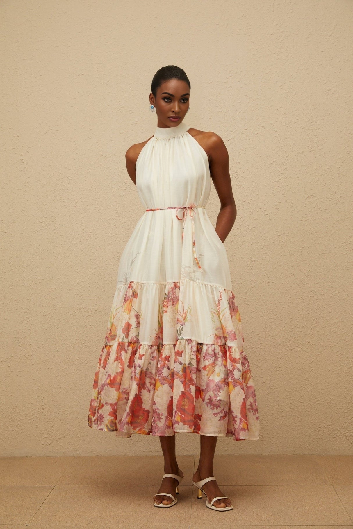 Brooklyn Midi Dress - Sleeveless - Mock Neck - Tied Waist - Floral Print - Shirred Effect