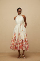 Brooklyn Midi Dress - Sleeveless - Mock Neck - Tied Waist - Floral Print - Shirred Effect