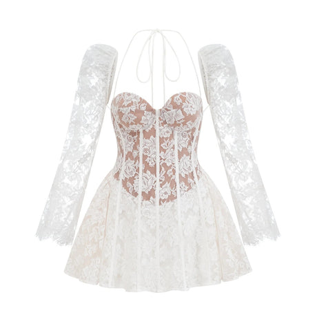 Brooklyn Mini Dress White Floral - Lace Corset Puff - Sleeve