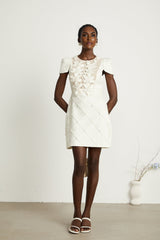 Brooklynn Mini Dress - 3D Petal Detailing - Fitted Waist - Fabric - Covered Buttons - Tulle Panelling - Rear Zip Fastening