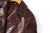 Brown Croc-Embossed Long Trench Coat with Adjustable Belt and Bold Black Buttons