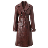 Brown Croc-Embossed Trench Coat with Adjustable Belt and Bold Black Buttons