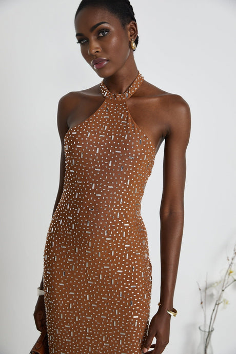 Brown decorated neckholder maxi dress with fitted cut named Desiree