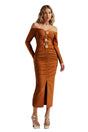 Brown Eliana Straight Shoulder Long Sleeves Bandage Midi Dress with Floral Embellishments