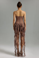 Brown Kylli Rhinestones Ruffled Mesh Mini Dress