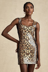 Brown leopard print mini dress with lace and sequin details featuring short sleeves and a floral design named Fleur