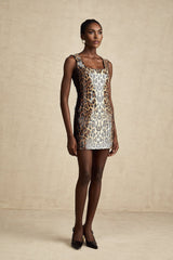 Brown leopard print mini dress with lace and sequin details named Fleur