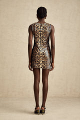 Brown leopard print mini dress with lace and sequin details named Fleur