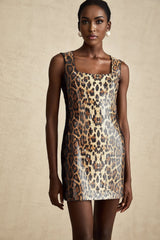 Brown leopard print mini dress with lace details and sequin embellishments