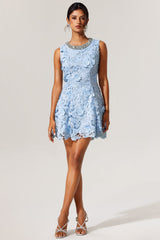 Bruna Blue Lace Dress with Shimmering Embellishments and Floral Patterns