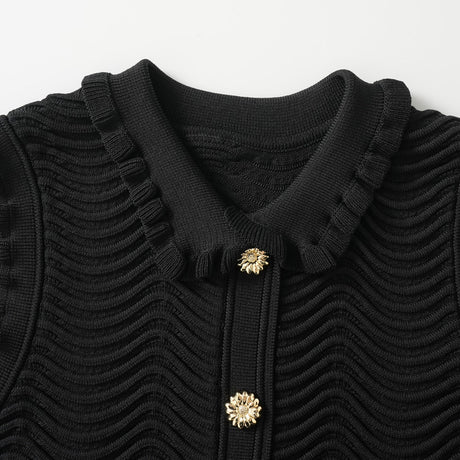 Bruna Dress - Bodycon Silhouette - Textured Wave Pattern - Ruffled Collar and Sleeves - Tailored Fit - Suitable for Dressy Occasions