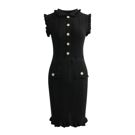 Bruna Dress - Bodycon Silhouette - Textured Wave Pattern - Ruffled Collar and Sleeves - Tailored Fit - Suitable for Dressy Occasions