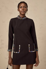Bruna Long Sleeve Mini Dress - Mock Neck - Crystal Embellishment - Patch Pockets - Rear Zip Fastening