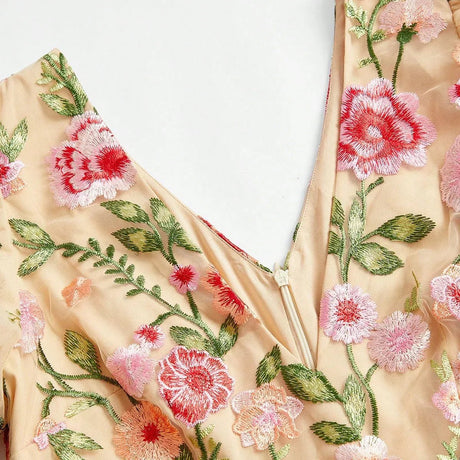 Bruna Midi Dress - Notched Neckline - Bishop Sleeve - High Waist - A Line - Floral Print