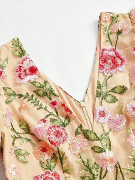 Bruna Midi Dress - Notched Neckline - Bishop Sleeve - High Waist - A Line - Floral Print