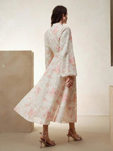 Bruna Midi Dress - Notched Neckline - Bishop Sleeve - High Waist - A Line - Floral Print