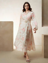 Bruna Midi Dress - Notched Neckline - Bishop Sleeve - High Waist - A Line - Floral Print
