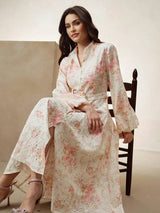 Bruna Midi Dress - Notched Neckline - Bishop Sleeve - High Waist - A Line - Floral Print