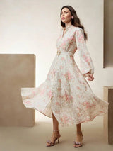 Bruna Midi Dress - Notched Neckline - Bishop Sleeve - High Waist - A Line - Floral Print