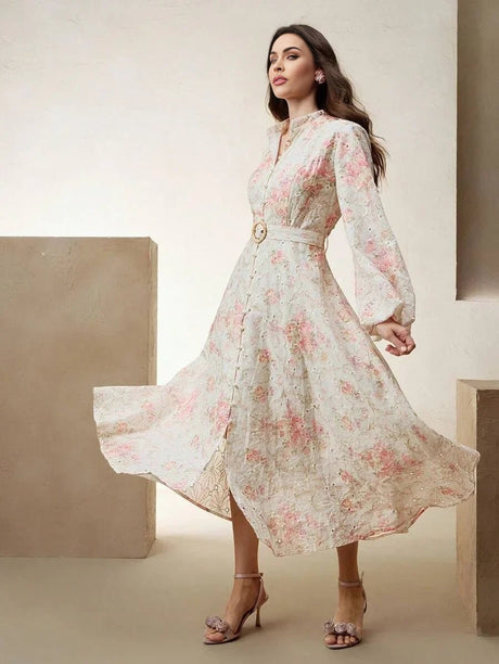 Bruna Midi Dress - Notched Neckline - Bishop Sleeve - High Waist - A Line - Floral Print