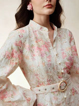 Bruna Midi Dress - Notched Neckline - Bishop Sleeve - High Waist - A Line - Floral Print